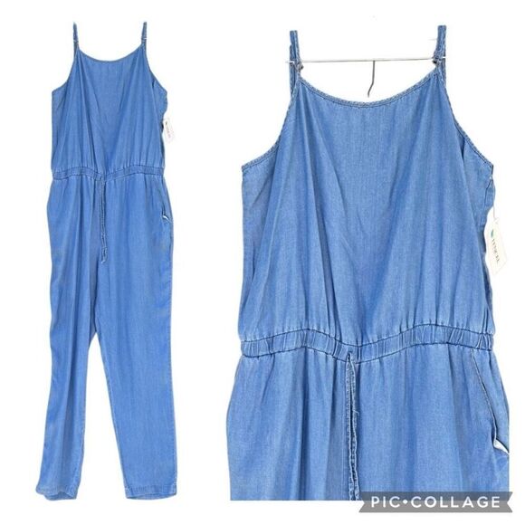 NEW CISONO Tencel Chambray Blue Romper Jumpersuit Strap Women Large Lightweight - Picture 1 of 9